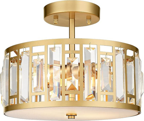 Crystal Semi Flush Mount Chandelier, 11'' Gold Ceiling Light, Modern Flush Mount Light