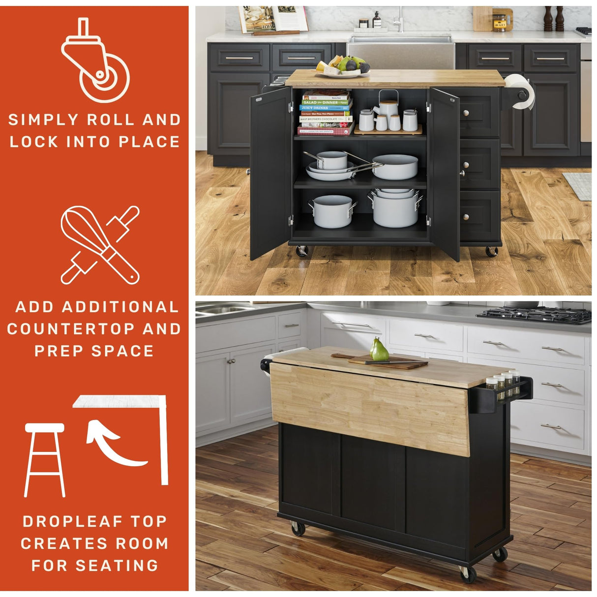 Dolly Madison Kitchen Cart with Wood Top and Drop Leaf Breakfast Bar