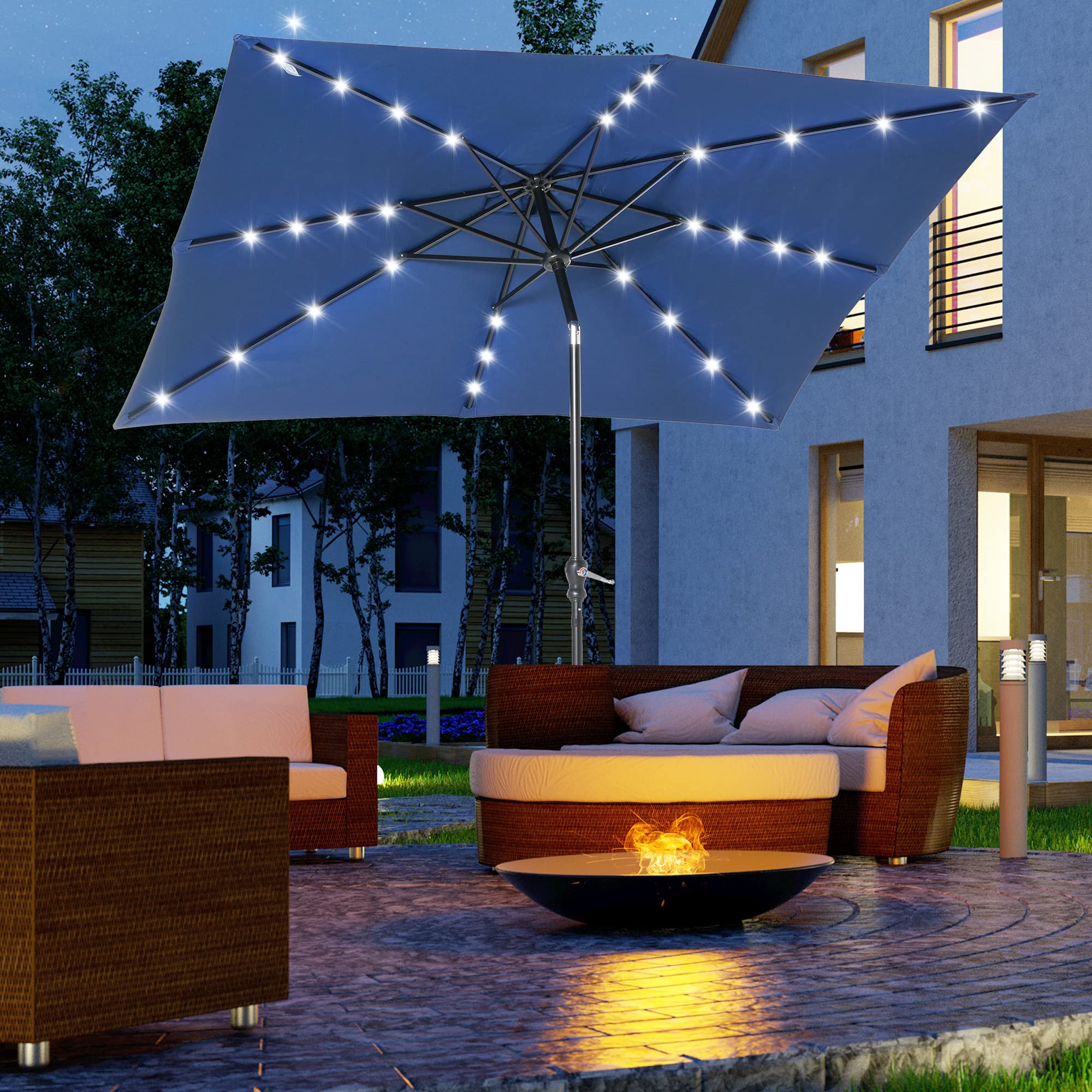 9' x 7' Solar Umbrella, LED Lighted Patio Umbrella for Table or Base with Tilt & Crank