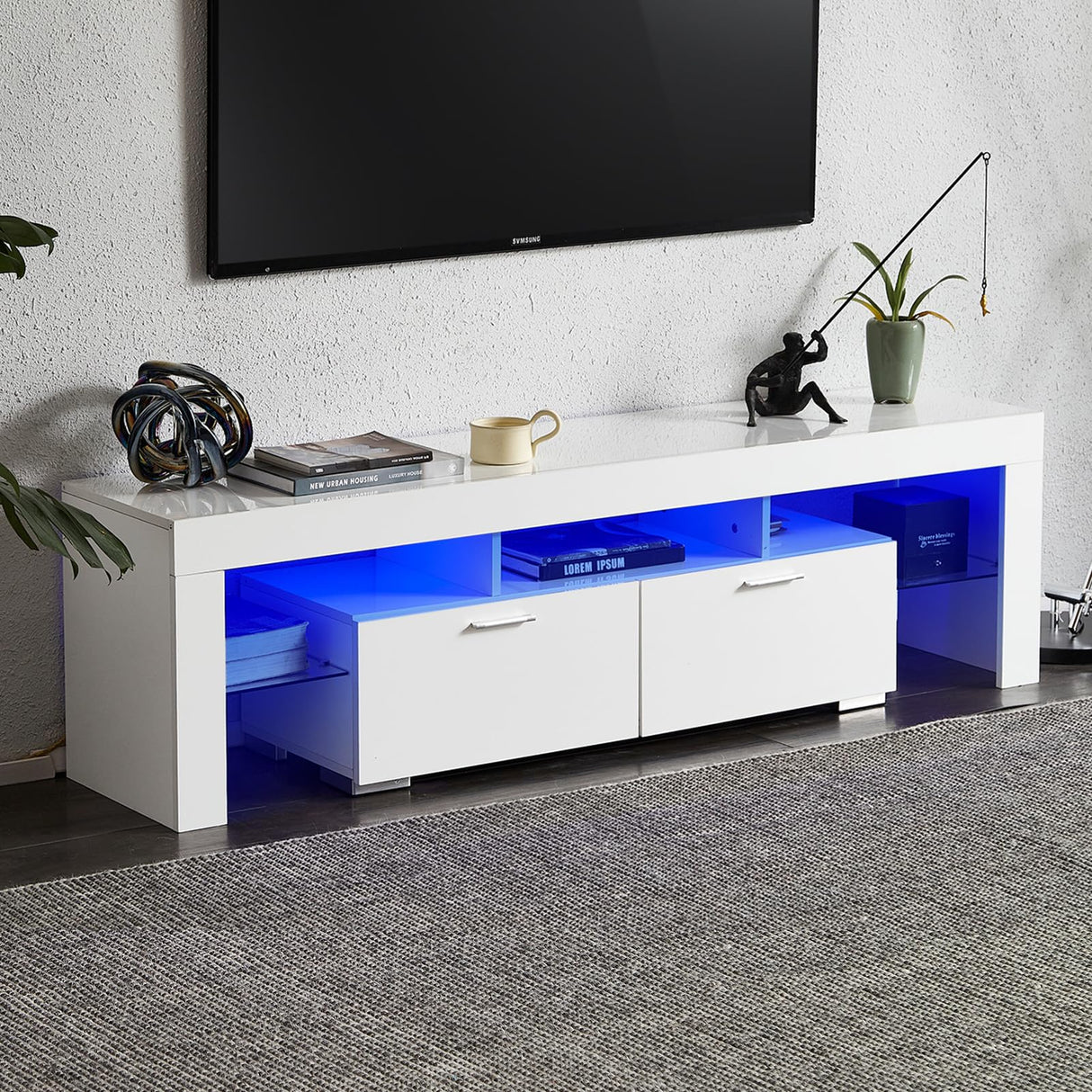 Stand 60-75 inch, Modern Entertainment Center for Living Room, White TV Console with 2