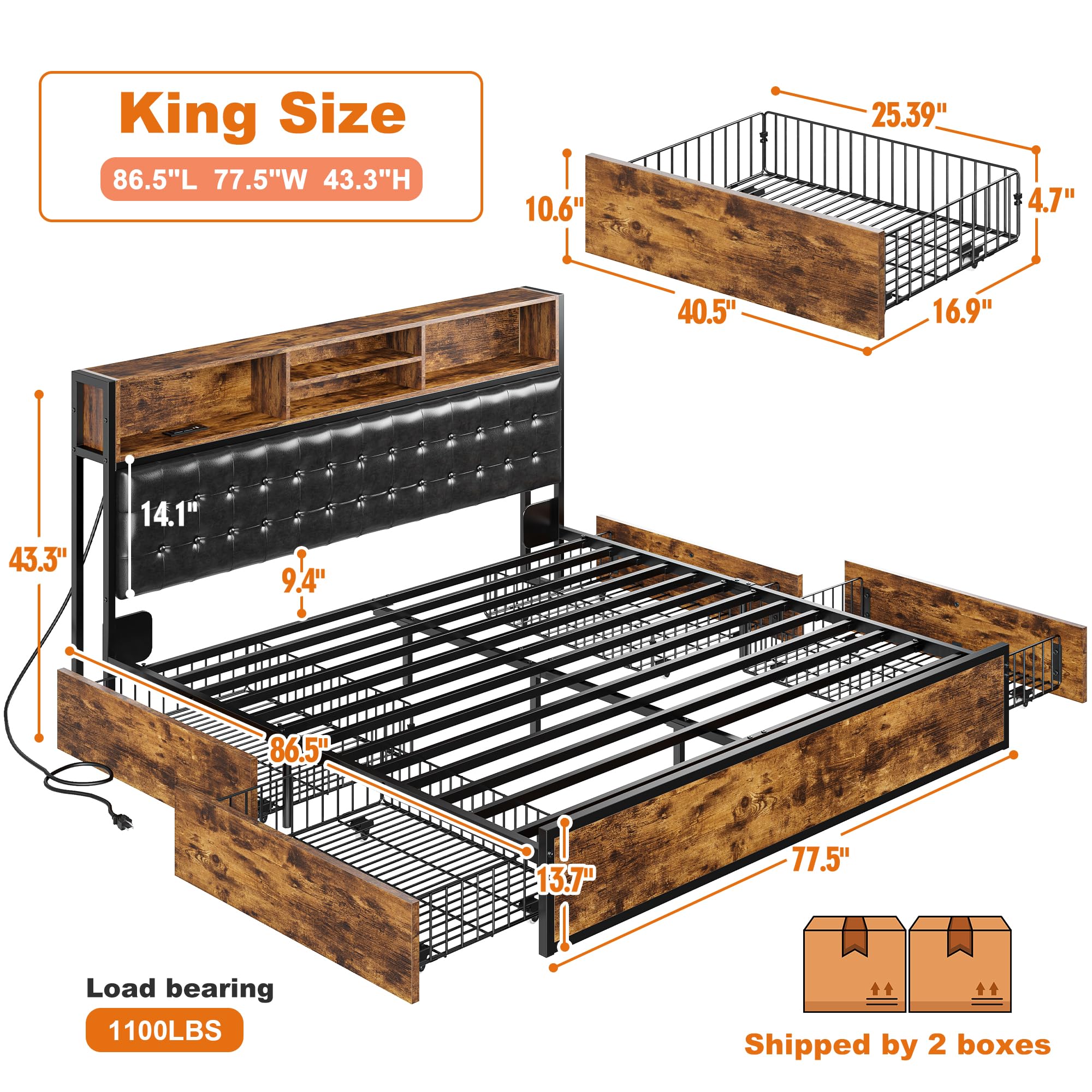 King Size Bed Frame with 4 Storage Drawers and Charging Station
