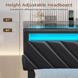 Full Bed Frame with LED Lights and Drawers, PU Leather Bed with Charging Station,