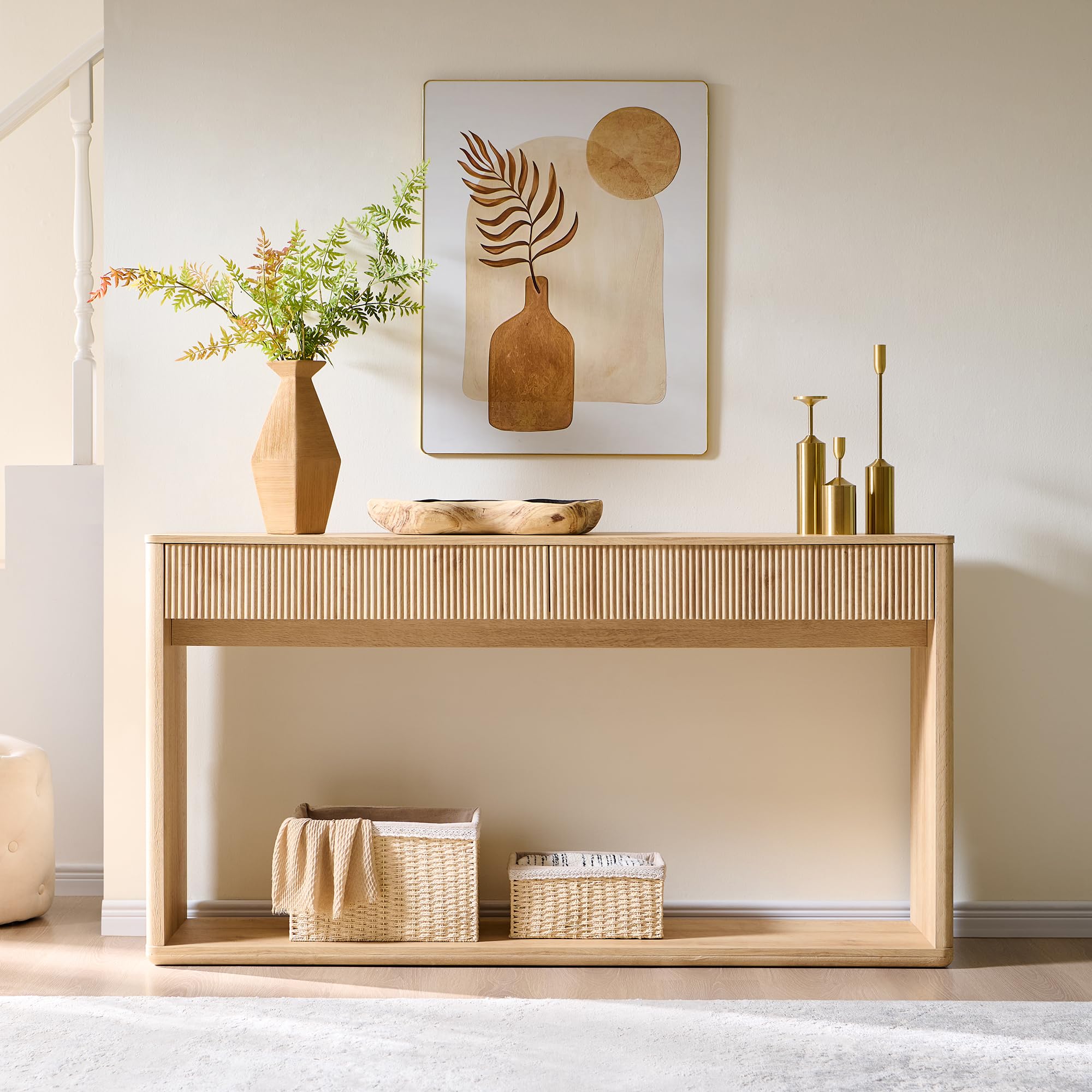63" Fluted Console Table with 2 Drawers - Natural Oak