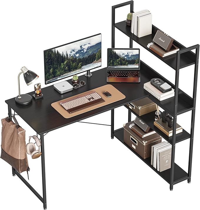 Corner Desk with Storage Shelves, 47 Inch Reversible L Shaped Desk with Bookshelf, Home Office Writing Desk with Hooks, Small L Study Table, Rustic Brown