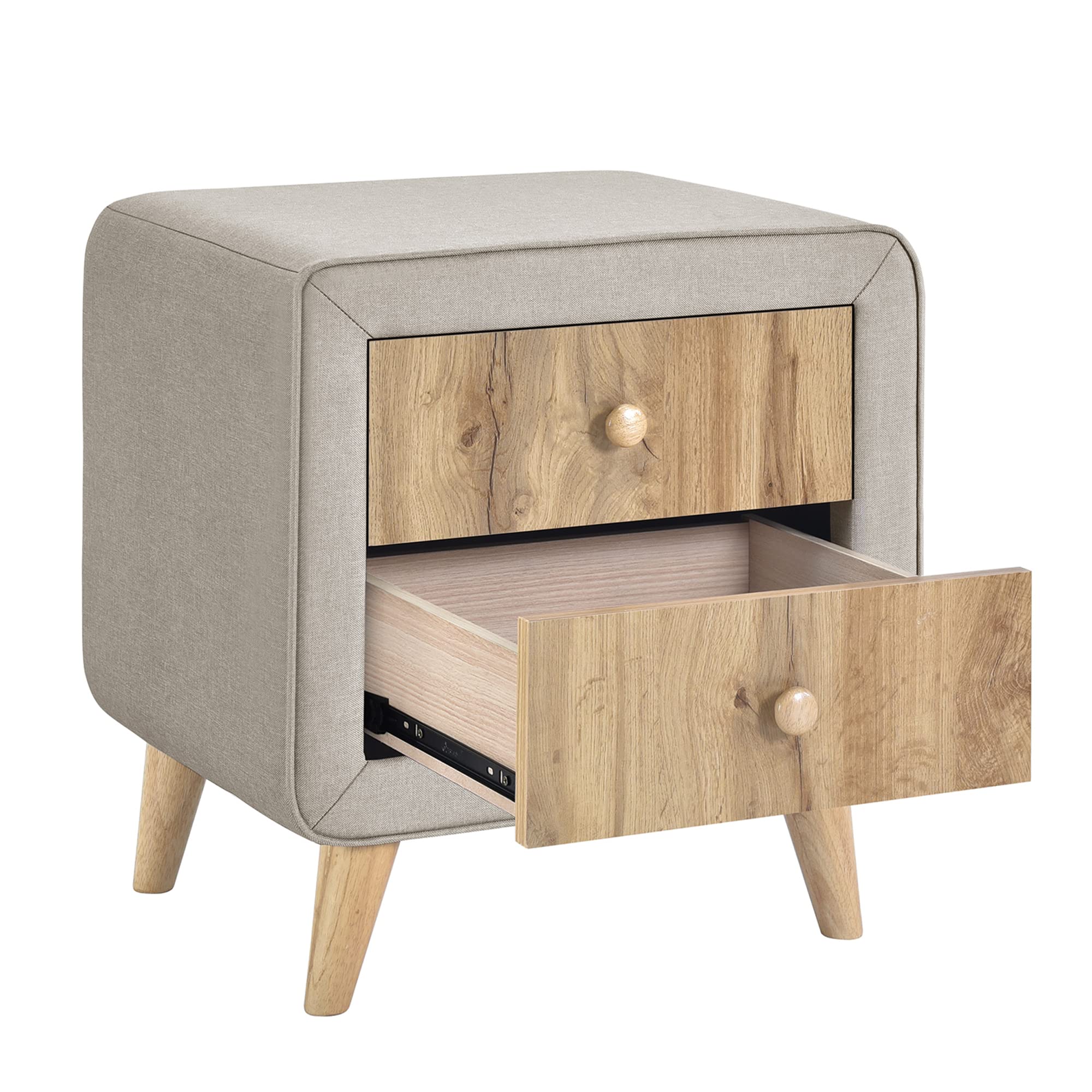 Upholstered Wooden Nightstand with 2 Drawers, Bedside Table with Rubber Wood Leg