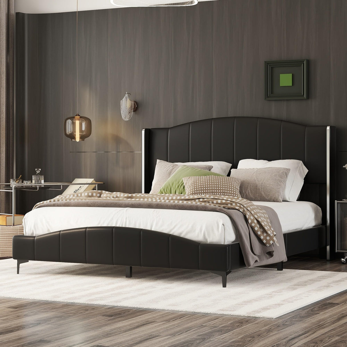 Queen Size Platform Bed with Vertical Stripe, Noise Free, Black