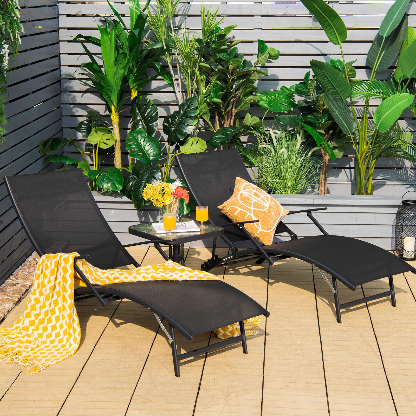 , Outdoor Foldable and Stackable Chaise Lounge Chairs with Breathable Fabric, 5-Level