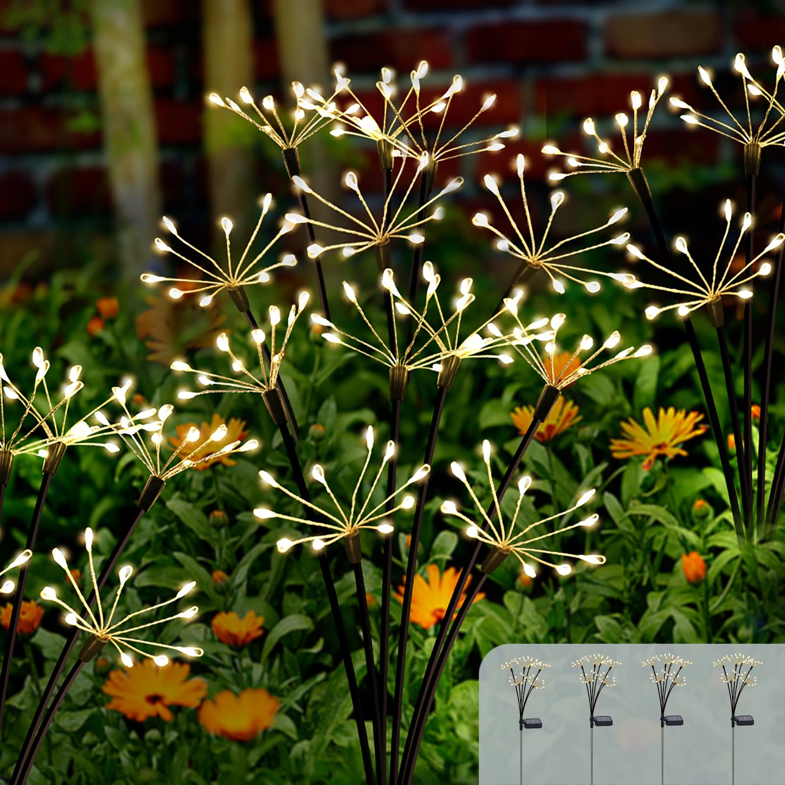 Solar Garden Lights 4 Pack Twinkling Solar Firework Lights with 2 Modes