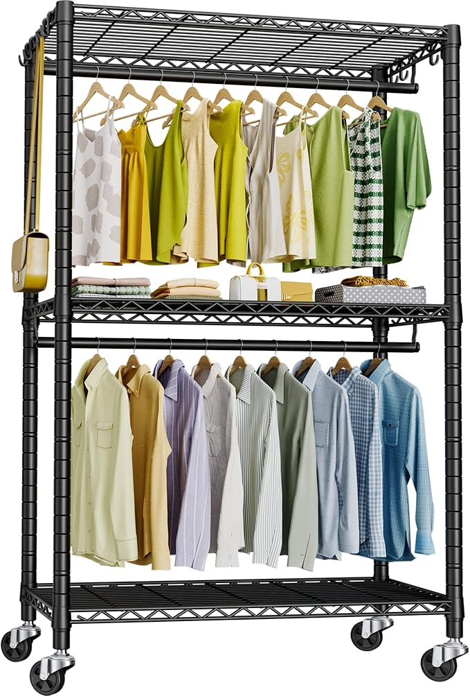 FUTASSI P3 Rolling Clothes Rack, Clothing Racks for Hanging Clothes, Heavy Duty Garment Rack with Wheels, Freestanding Portable Closet Organizer 39.4'' W x 14'' D x 78.5'' H, Max Load 464 LBS, Gold