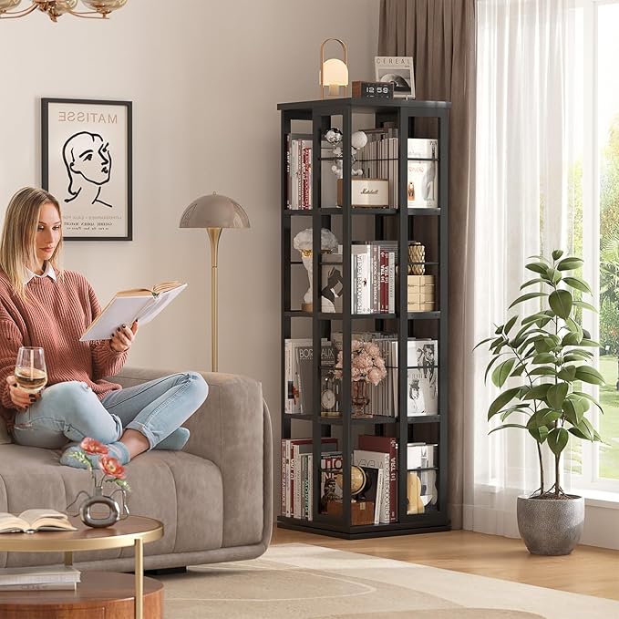 Bookshelf, Corner Bookshelf, 360 Display Wood Spinning Bookshelf, Floor Standing