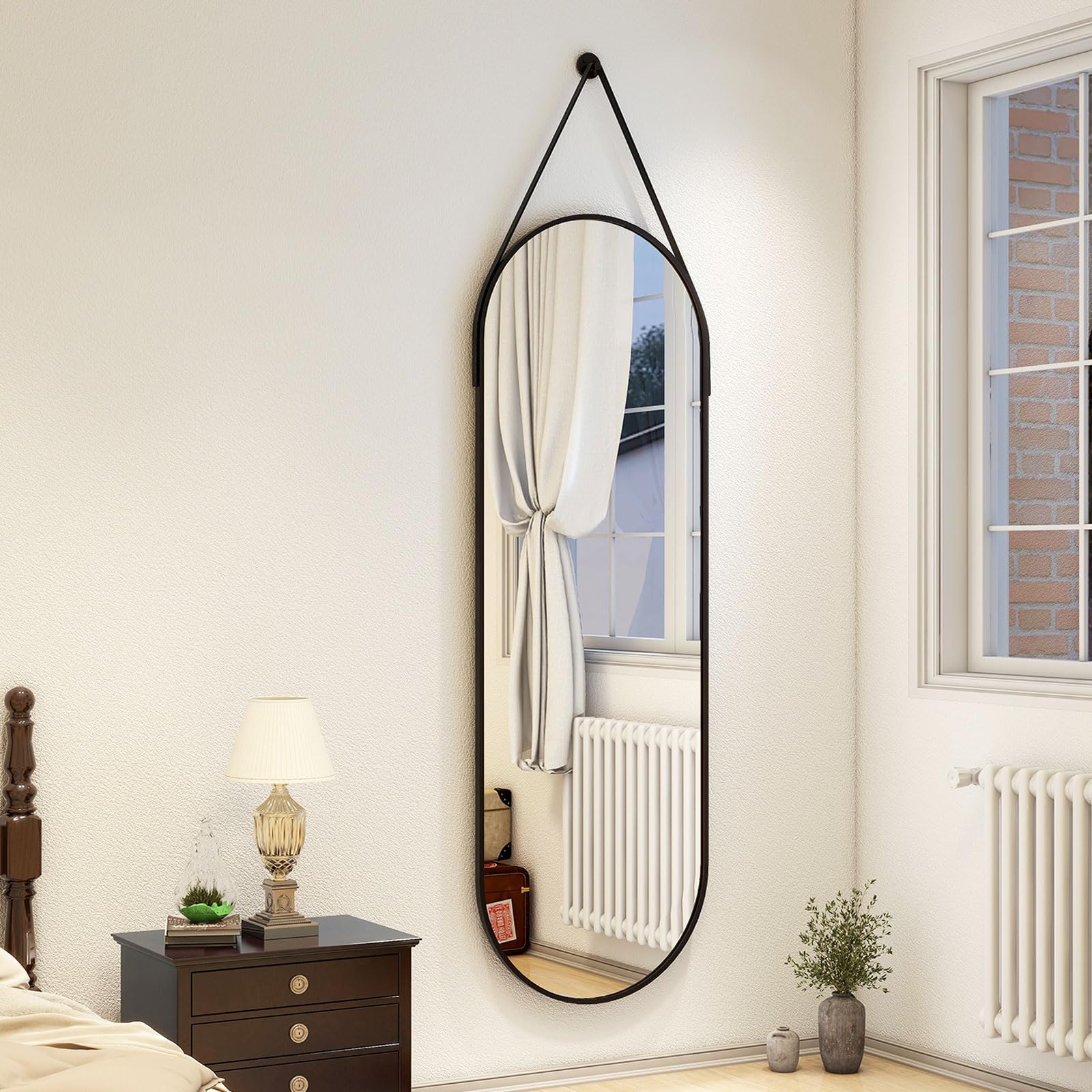Full Length Oval Mirror 16x48 - Wall Mounted with Leather Hanging Strap