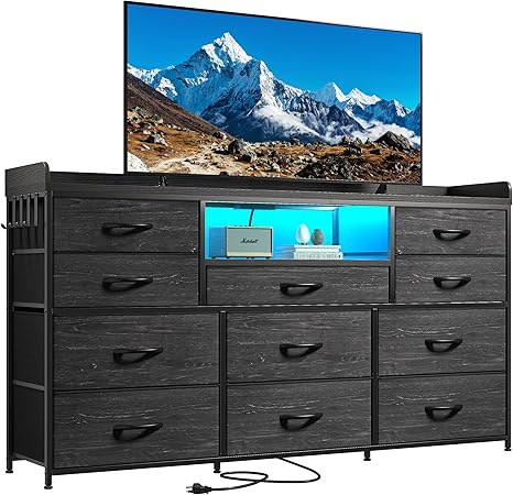 Dresser TV Stand with 11 Drawers for 60" TV Stand for Bedroom with LED Lights