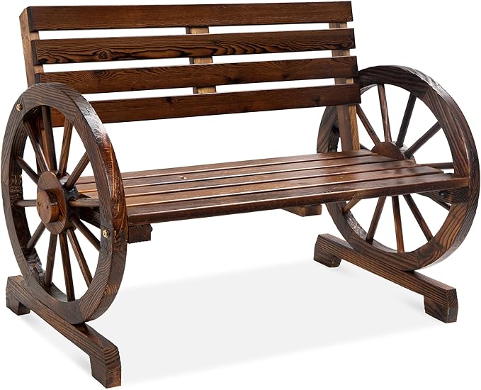 2-Person Wooden Wagon Wheel Bench for Backyard, Patio, Porch, Garden