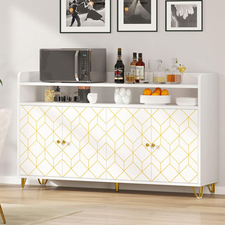 59" Buffet Cabinet w/Storage, Modern Sideboard Storage Cabinet w/Gold Trim, Coffee Bar