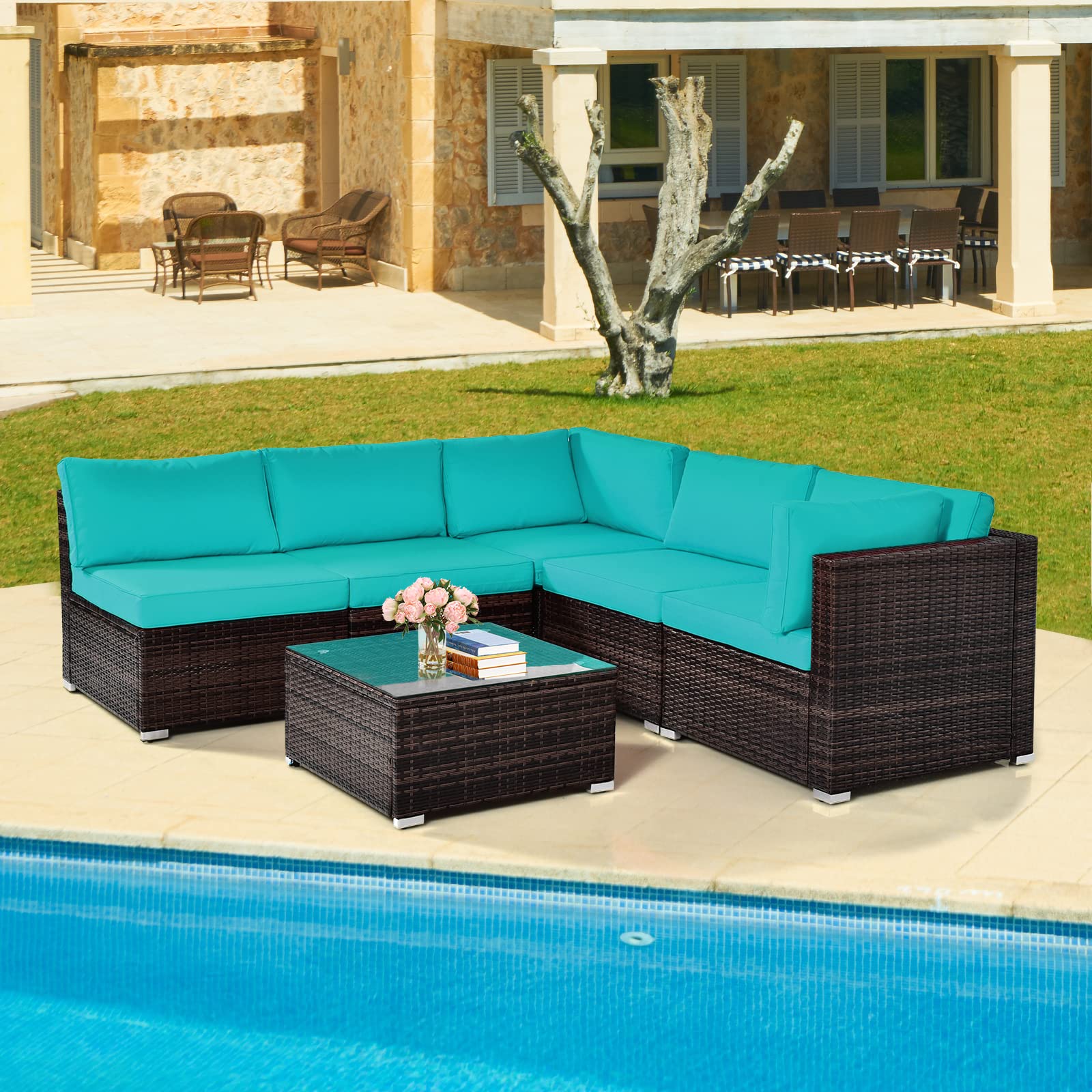 6 Pieces Outdoor Patio Furniture Set, PE Rattan Conversation Set