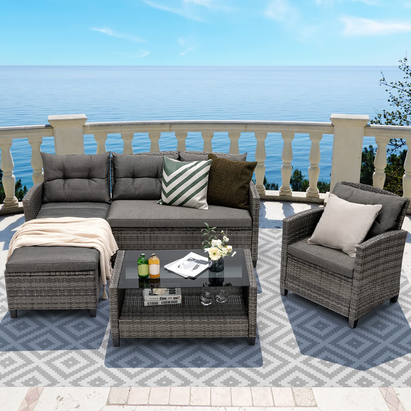 4 Pieces Patio Furniture Set Outdoor PE Wicker Sectional Sofa Set with Corner Sofa