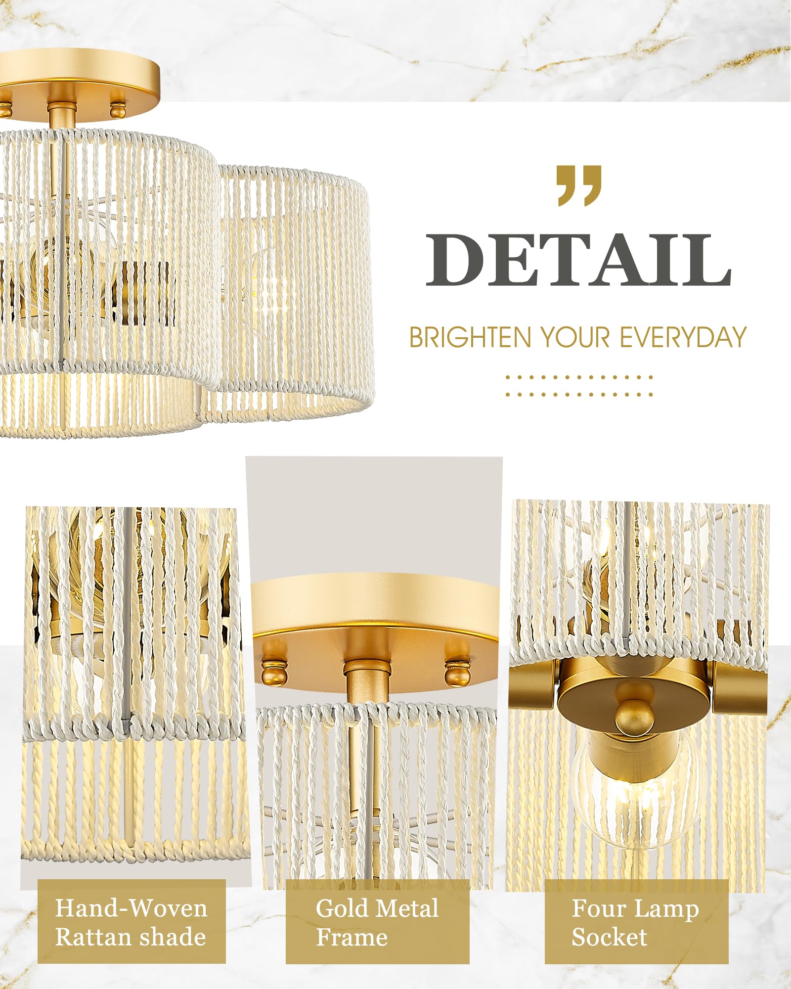 Rattan Light Fixtures Ceiling Mount, 4-Light 14" Boho Semi Flush Mount Ceiling Light
