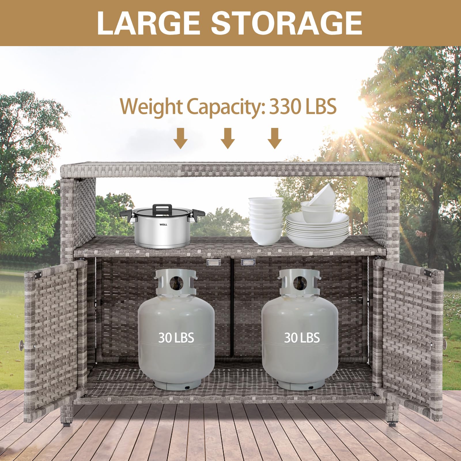 Outdoor Storage Cabinet, Wicker Rattan Storage Cabinet with 2 Doors