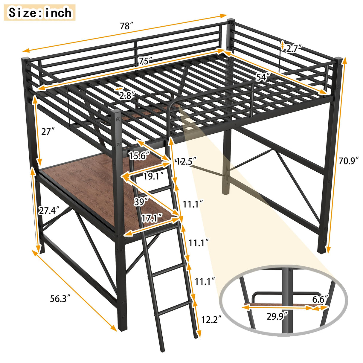 Full Size Loft Bed with Built-in Desk and Storage Shelf