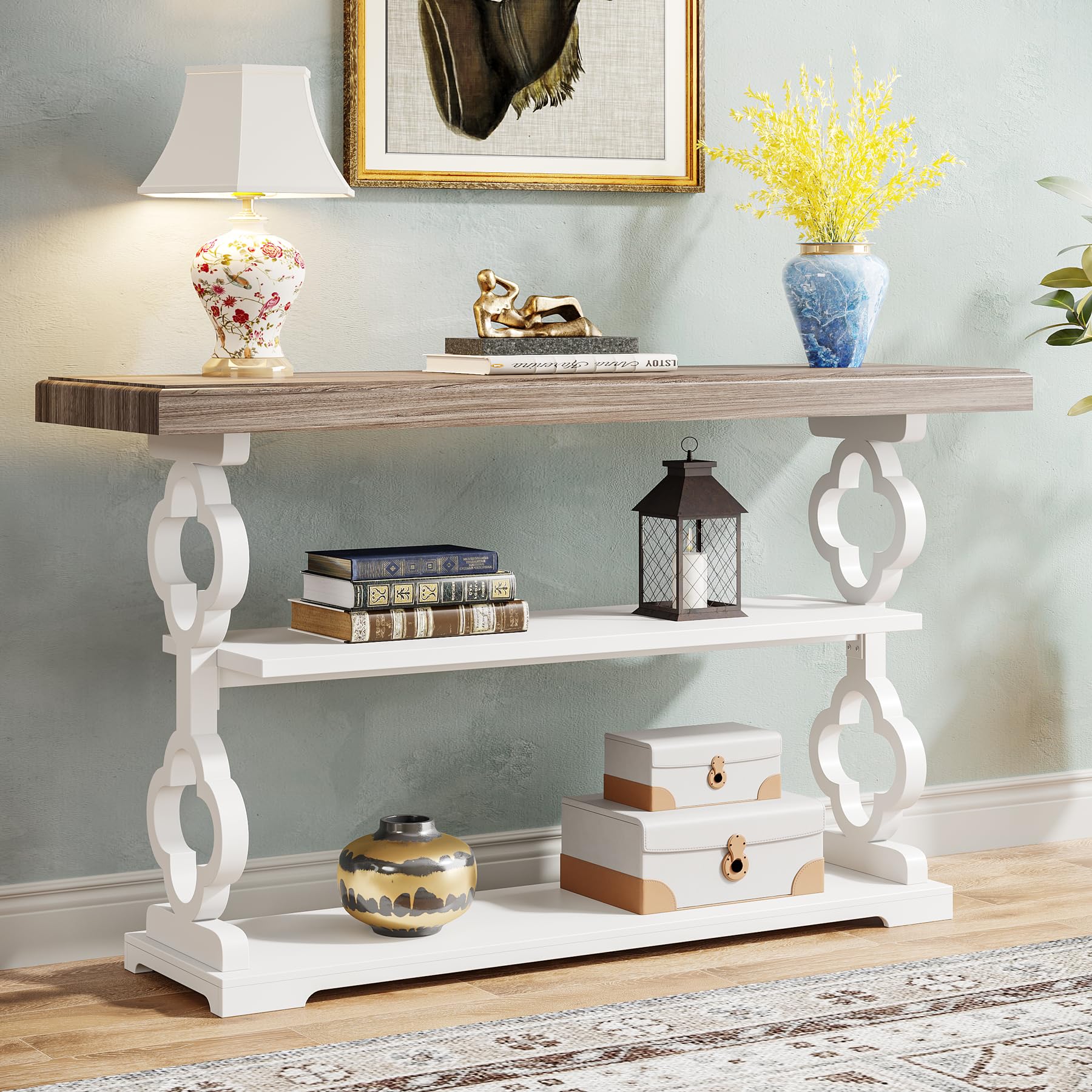 Farmhouse Console Table, 55 inch Long Sofa Table with Storage Shelves, 3 Tier Wood Accent Entry Table for Hallway,