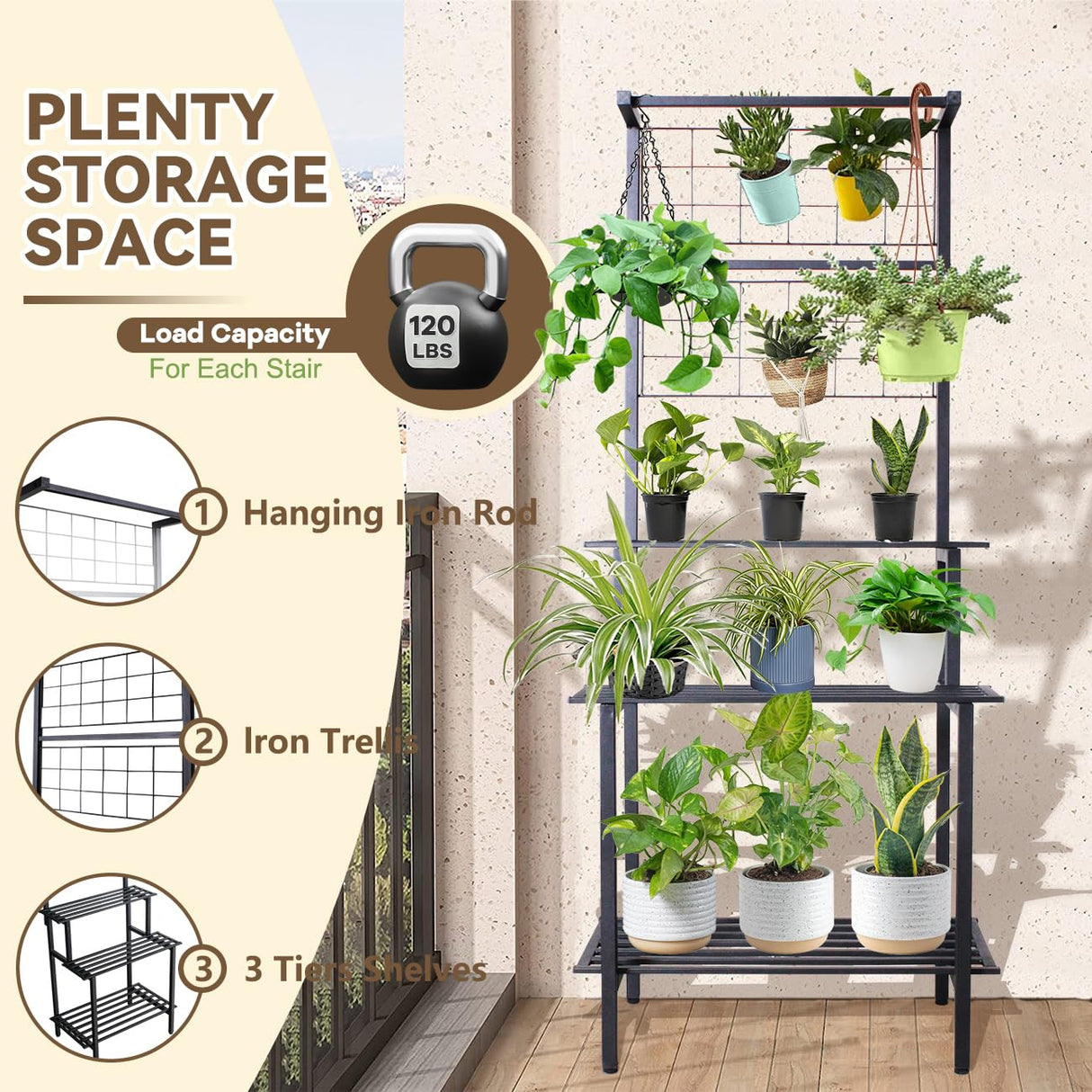 3 Tier Heavy Duty Metal Hanging Plant Shelves Indoor Outdoor with Bar, Tall Plant Stand Stand for Vines and Flowers, Multi-Layer Plant Stand for Living Room and Garden, Easy Place Large Planters