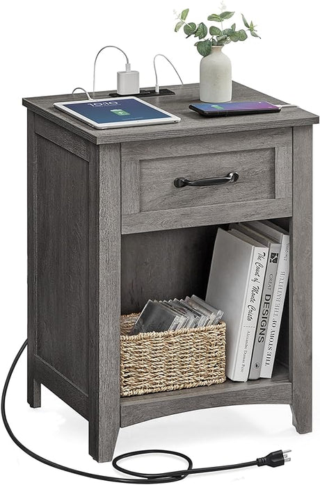 Farmhouse Nightstand with Charging Station, Bedside Table with Drawer