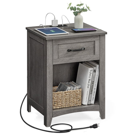 Farmhouse Nightstand with Charging Station, Bedside Table with Drawer