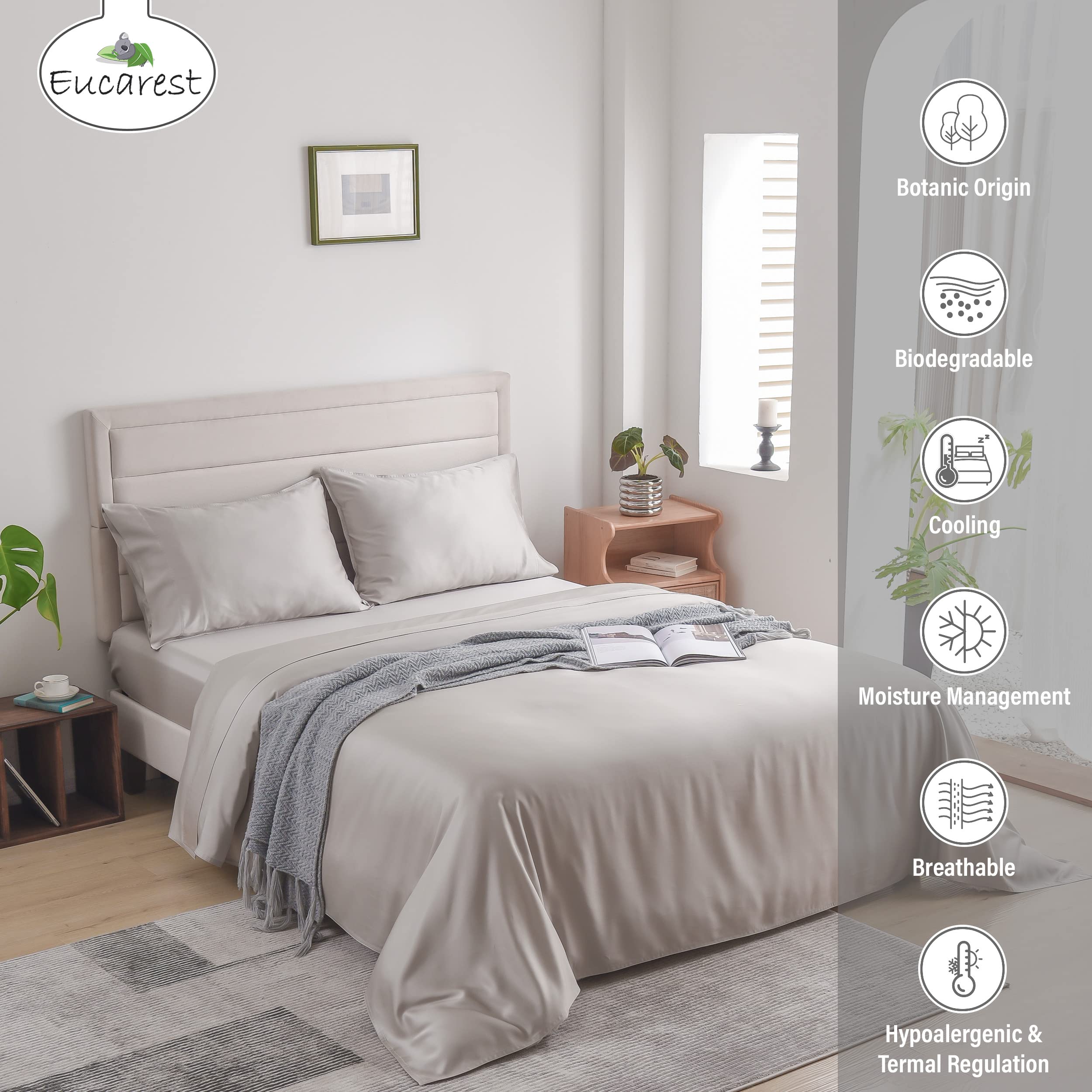 Eucalyptus Lyocell Bed Sheets, Hypoallergenic 100% Organic Tencel, Thermal