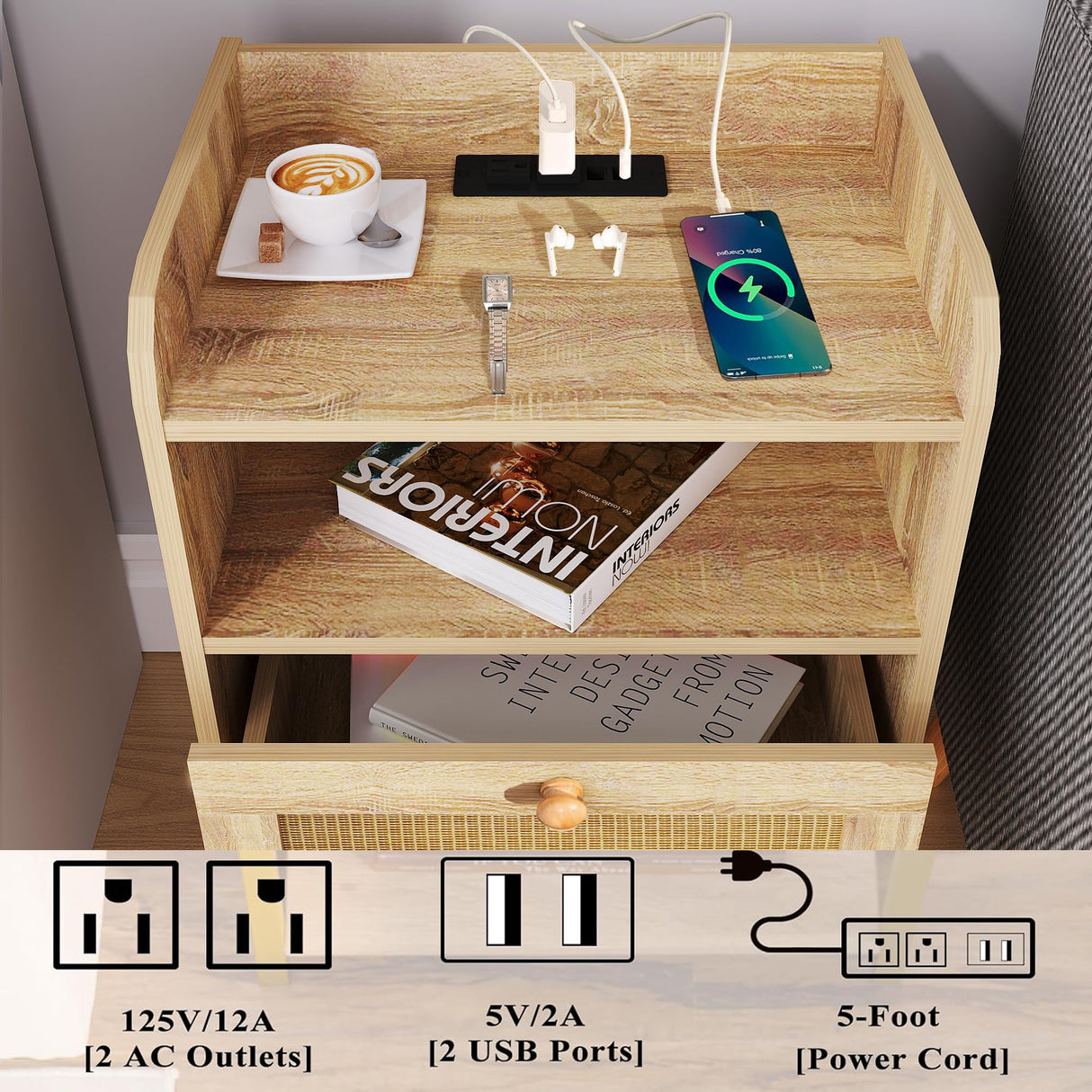 Nightstand Set of 2，Wood Nightstand with Charging Station