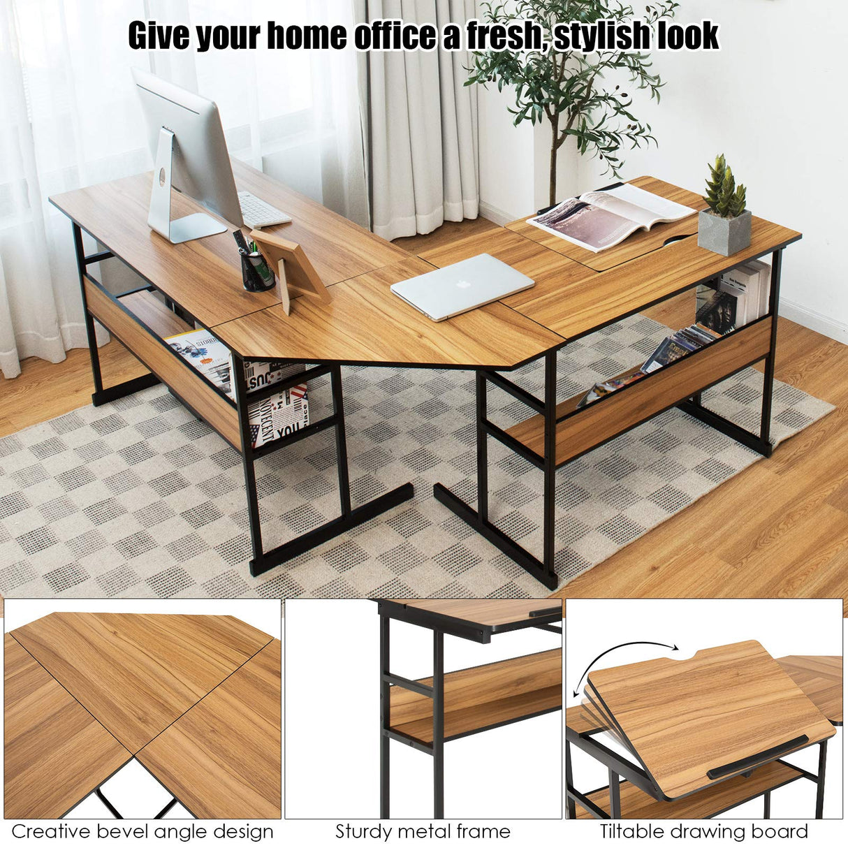 VersaLuxe L-Shaped Drafting & Computer Desk with Adjustable Shelves & CPU Stand