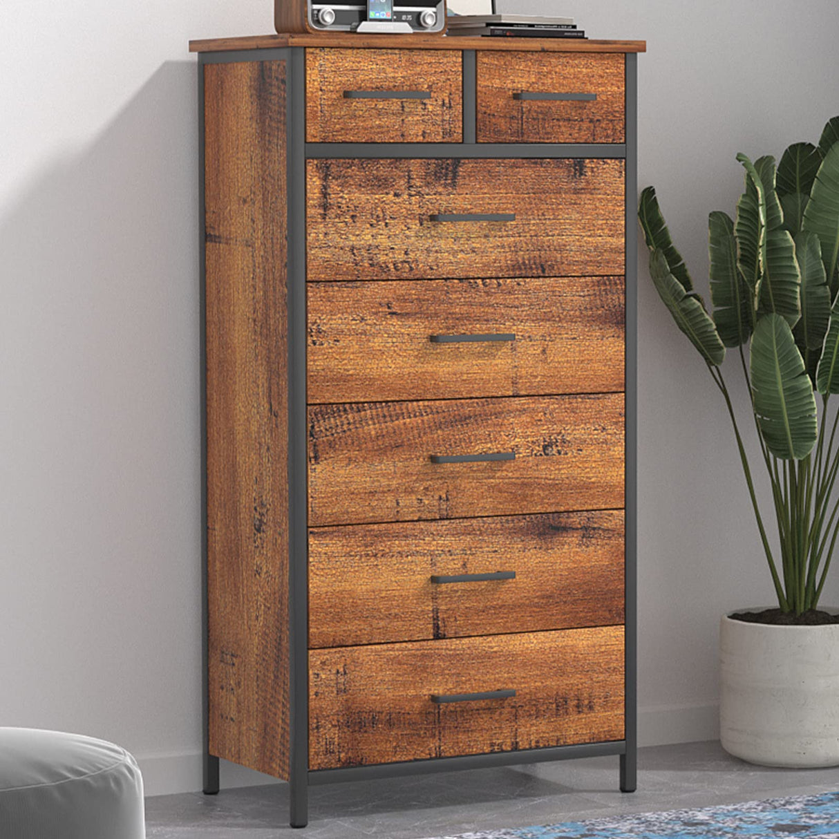 7 Drawer Tall Dresser, Industrial Wood Storage Clothes Organizer