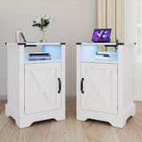 LED Nightstand with Charging Station, Farmhouse Wooden Side Table, Bedside Table