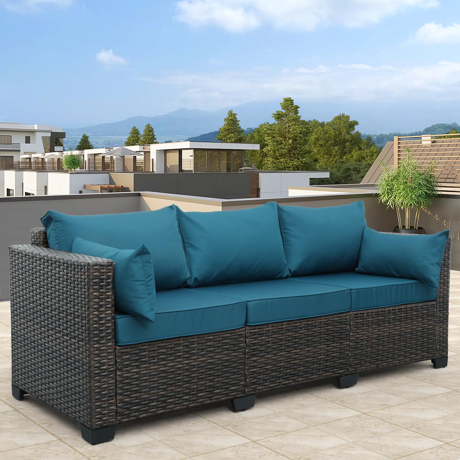 3-Seat Patio PE Wicker Couch Furniture Outdoor Brown Rattan Sofa
