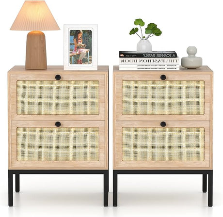 Fluted Nightstands with Drawer Storage, Bed Side Table, End Table, LED Nightstand with Charging Station,