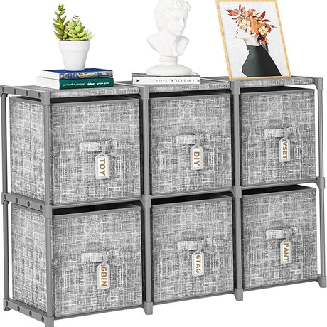 Cube Storage Organizer Shelf with 6 Printed Bins + Labels, Cubby Storage Organizer with Bins,