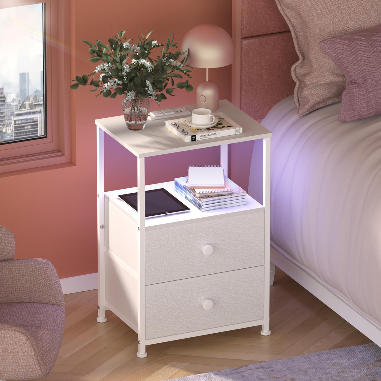 Sofa End Tables with Charging Station LED Light Nightstand Bedroom Bed Side Dresser