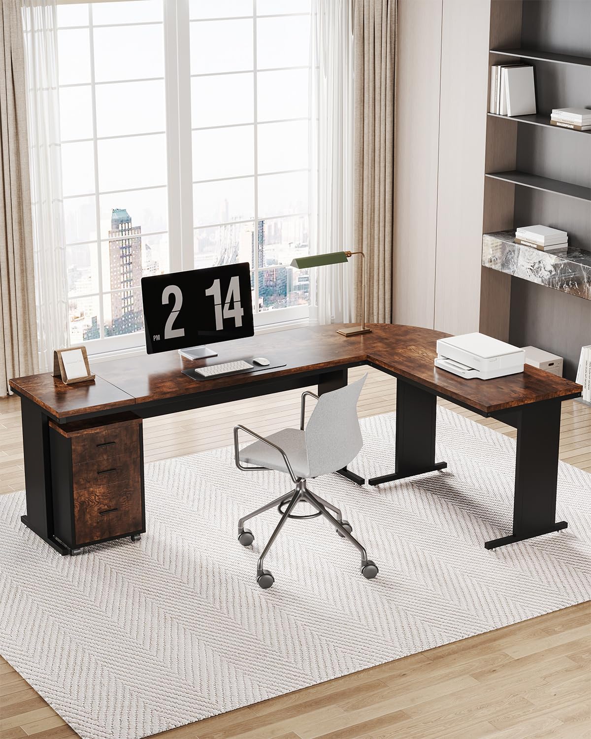 ProWork L-Shaped Executive Desk with Hutch, 5 Shelf Bookcase, and Lateral File Cabinet