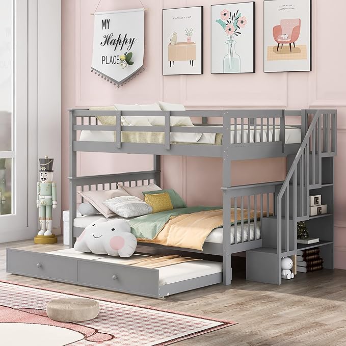 Full Stairway Bunk Bed with Twin Trundle and Storage,Solid Wood Storage Bunk Bed