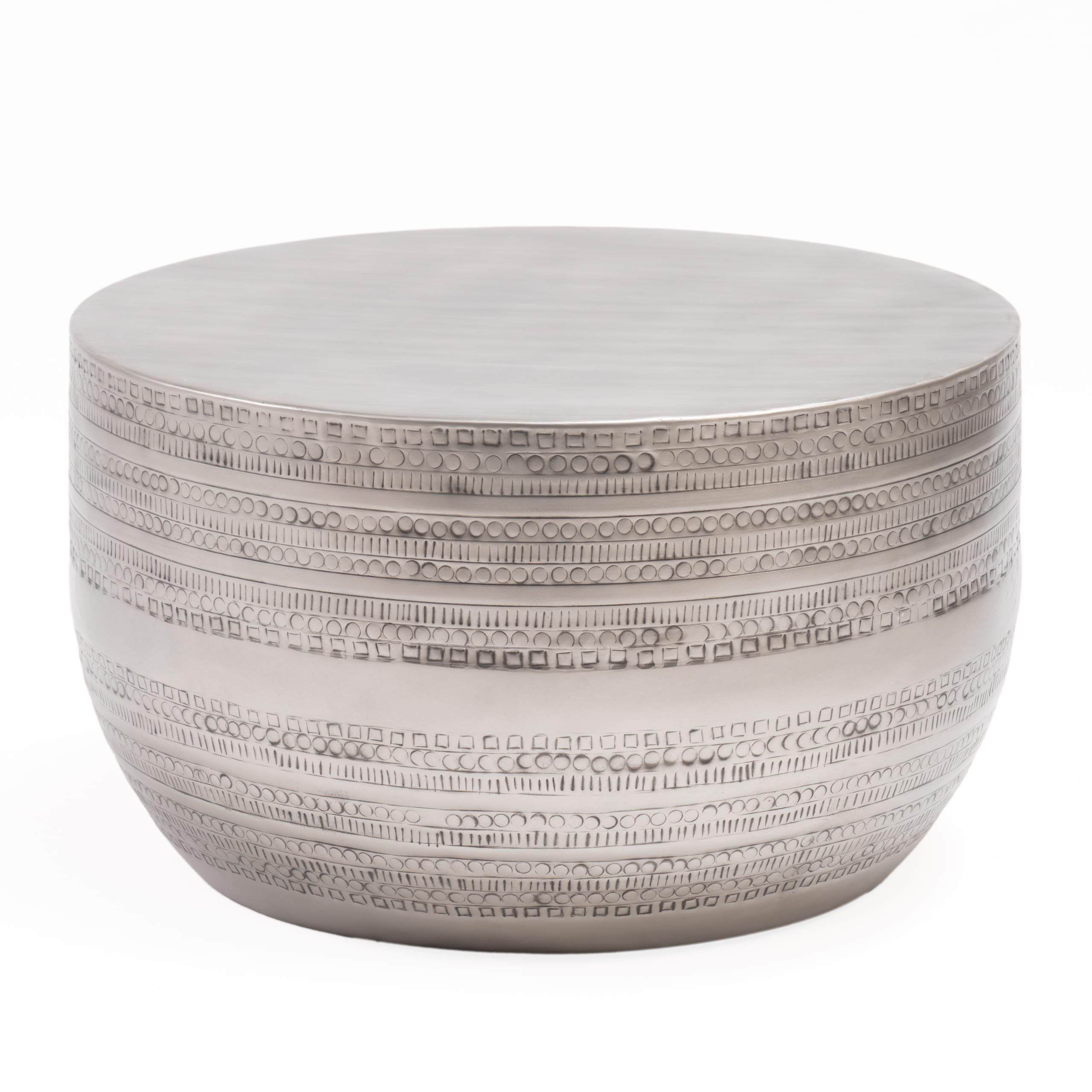 Modern Round Aluminum Hammered Embossed Texturing Metal Drum Coffee Table