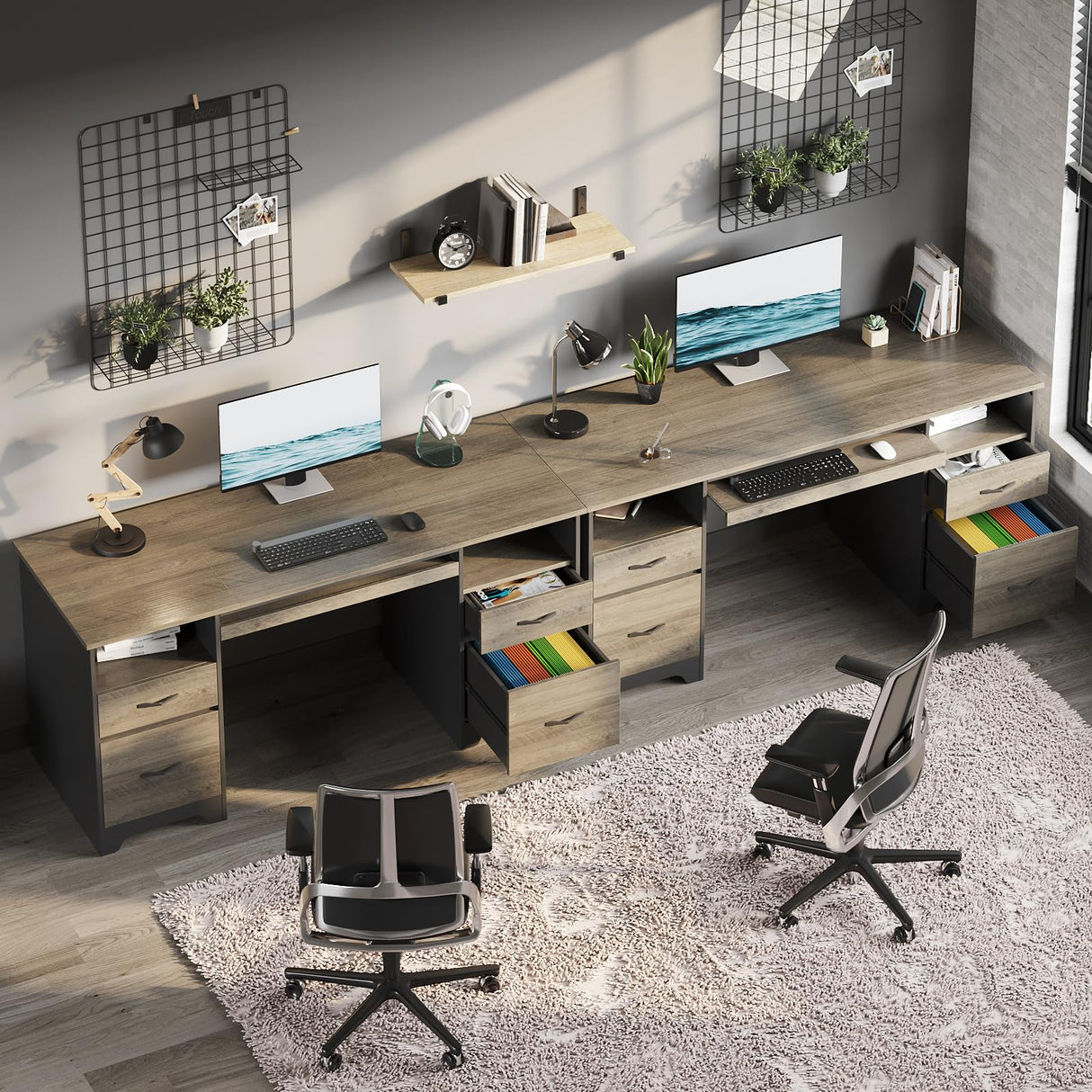 Bestier 59” Computer Desk with 4 Drawers, Office Desk with Storage, Industrial Executive Desk with File Drawer, Keyboard Tray & 2 Pedestals on Both Sides for Home Office & Studio, Grey