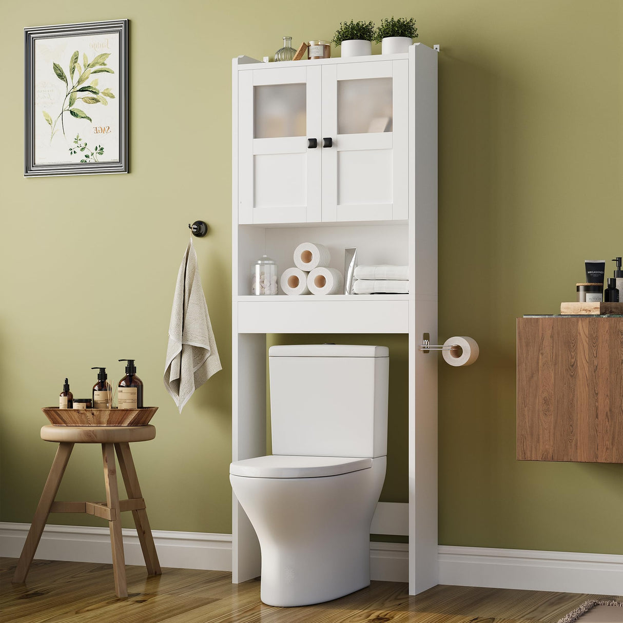 Bathroom Cabinet, Linen Storage Cabinet with Doors, Wooden Floor Cabinet with Adjustable Shelves for Bathroom,