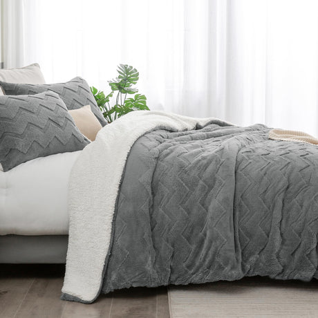 Fluffy Queen Comforter Set - Super Soft Sherpa Grey Comforter for Queen Size Bed,