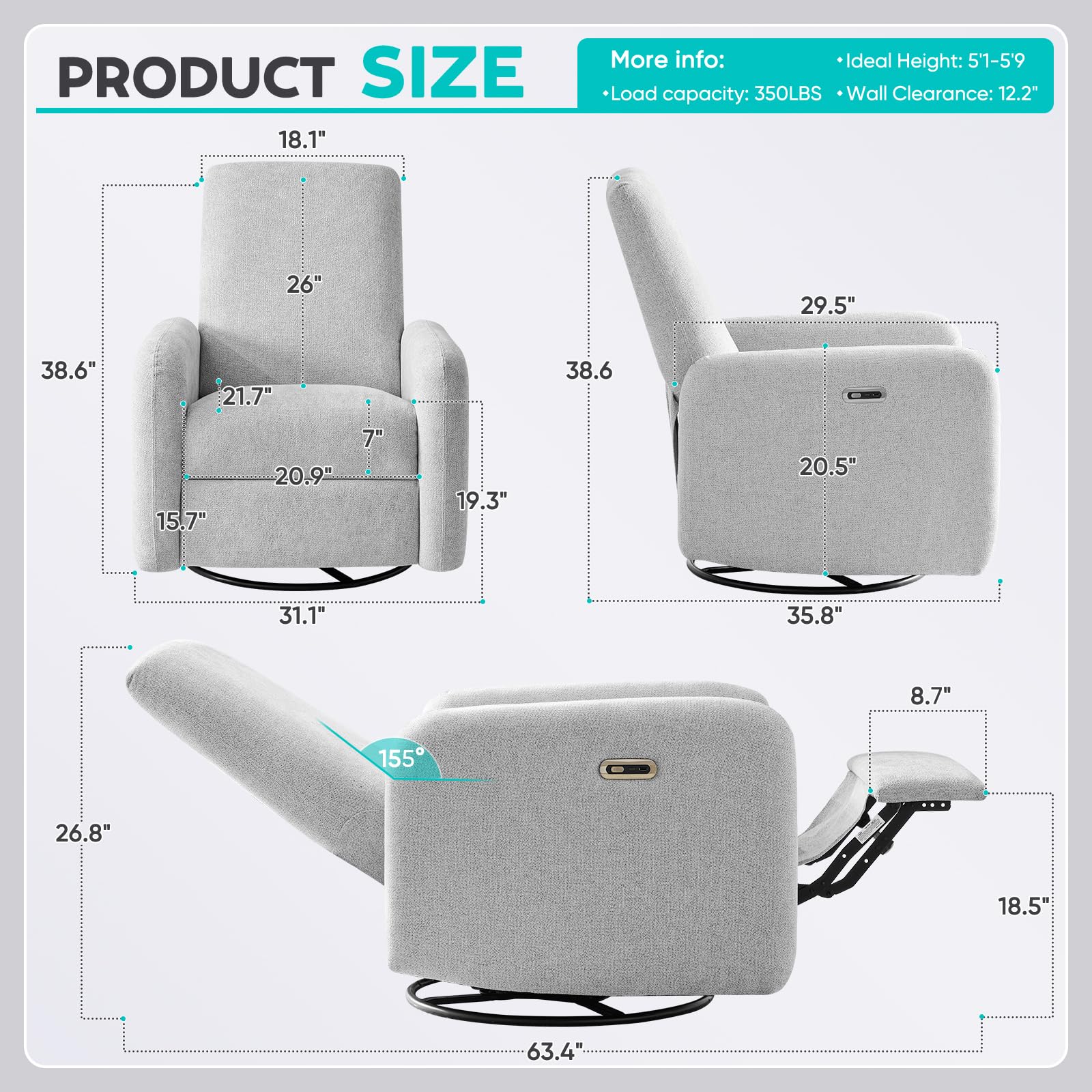 VivaRest Swivel Rocker Recliner with USB-C & Wing Back Support