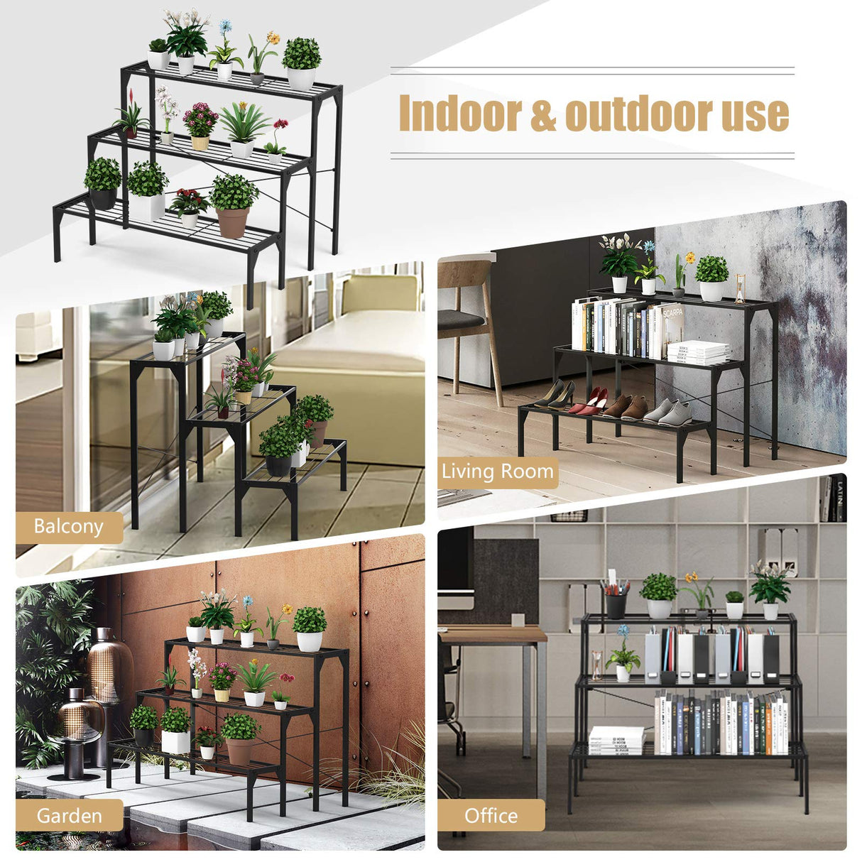 Giantex 3 Tiers Metal Plant Stand, Ladder Flower Pots Holders, 3 Tiers Step Plant Display Rack, Heavy Duty Utility Storage Organizer Rack for Home Garden Patio Balcony, Stair Style Plant Stand