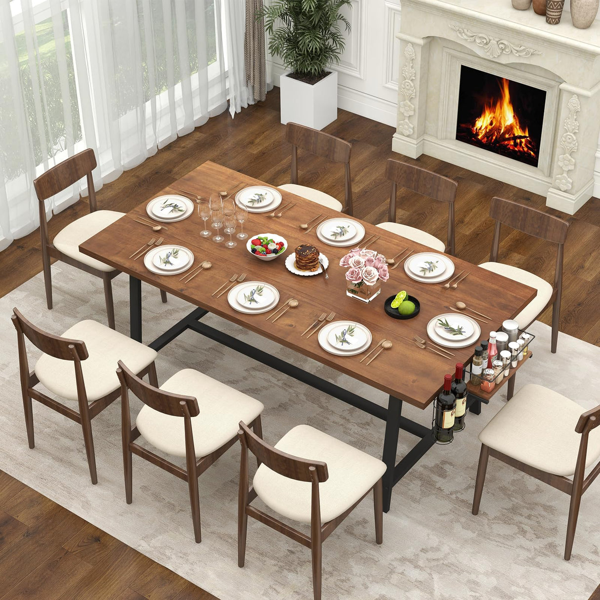 Dining Table for 5-7 People, 72” Large Wooden Kitchen Table with Wine Rack and Spice Rack