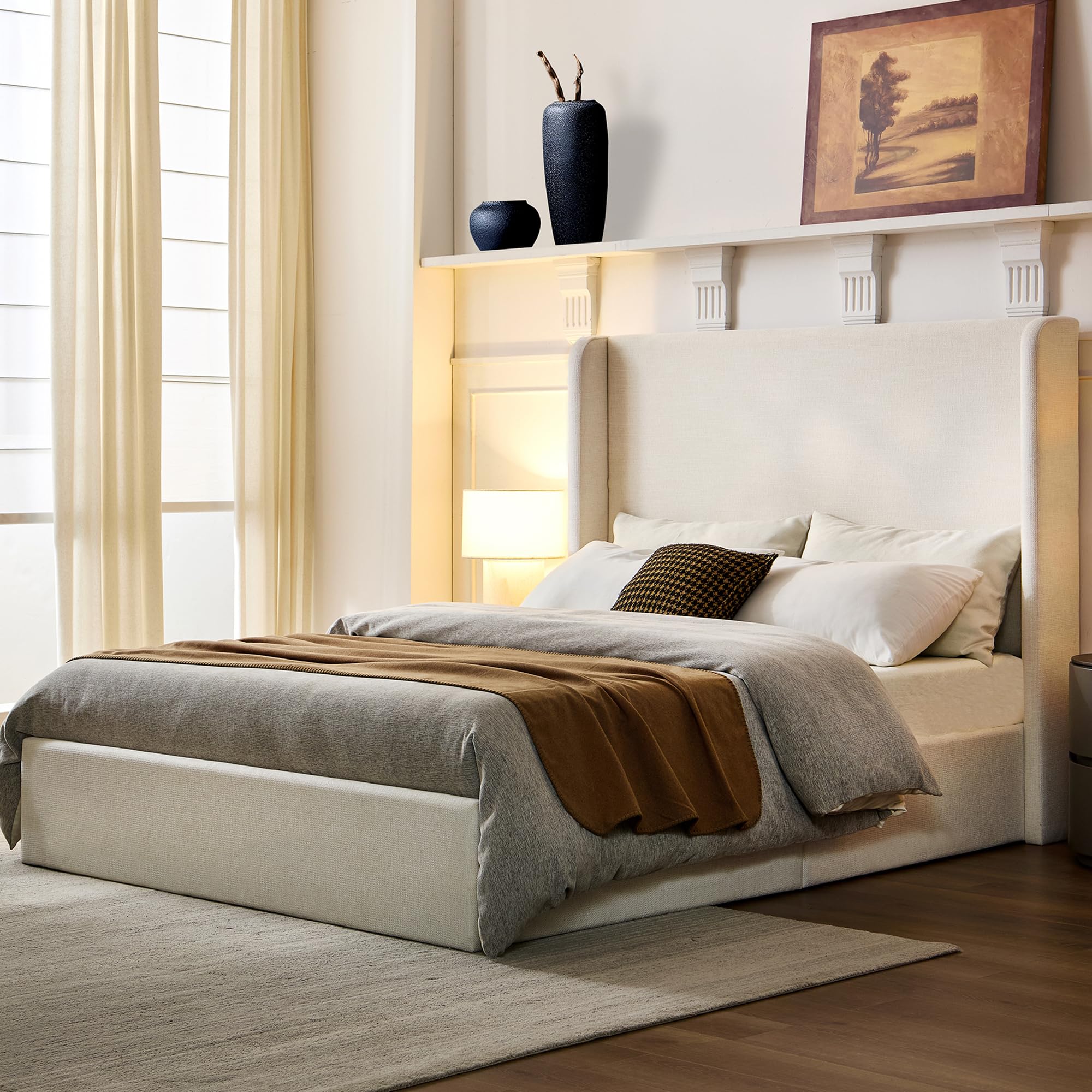 54" Wingback Queen Bed Frame - Upholstered Platform Bed with Tall Headboard