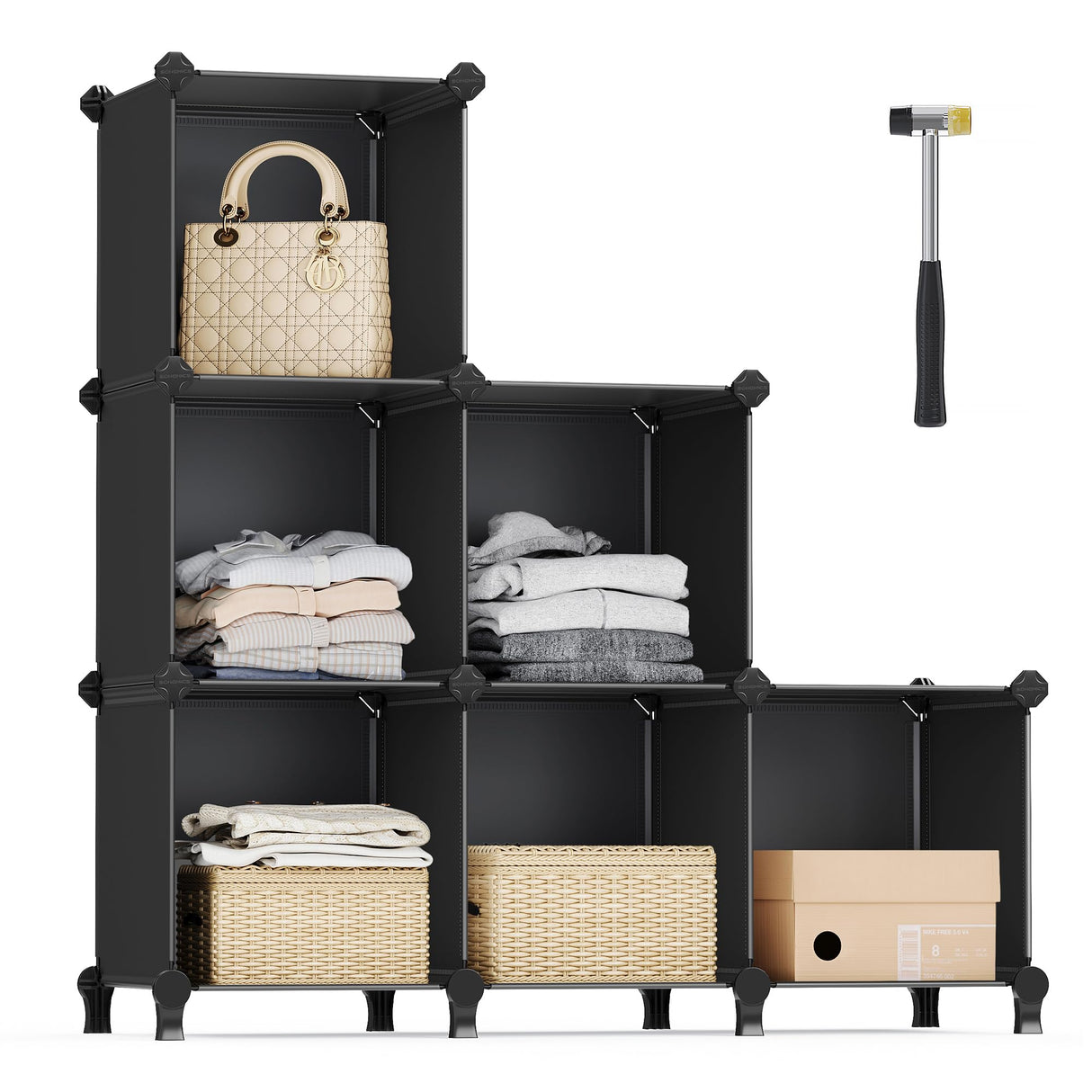 6 Cube Storage Organizer, DIY Closet Shelf, Plastic Clothes Organizer, Modular Bookcase, 11.8 x 11.8 x 11.8 Inch Cubes, with Feet and Rubber Mallet, Black ULPC06H