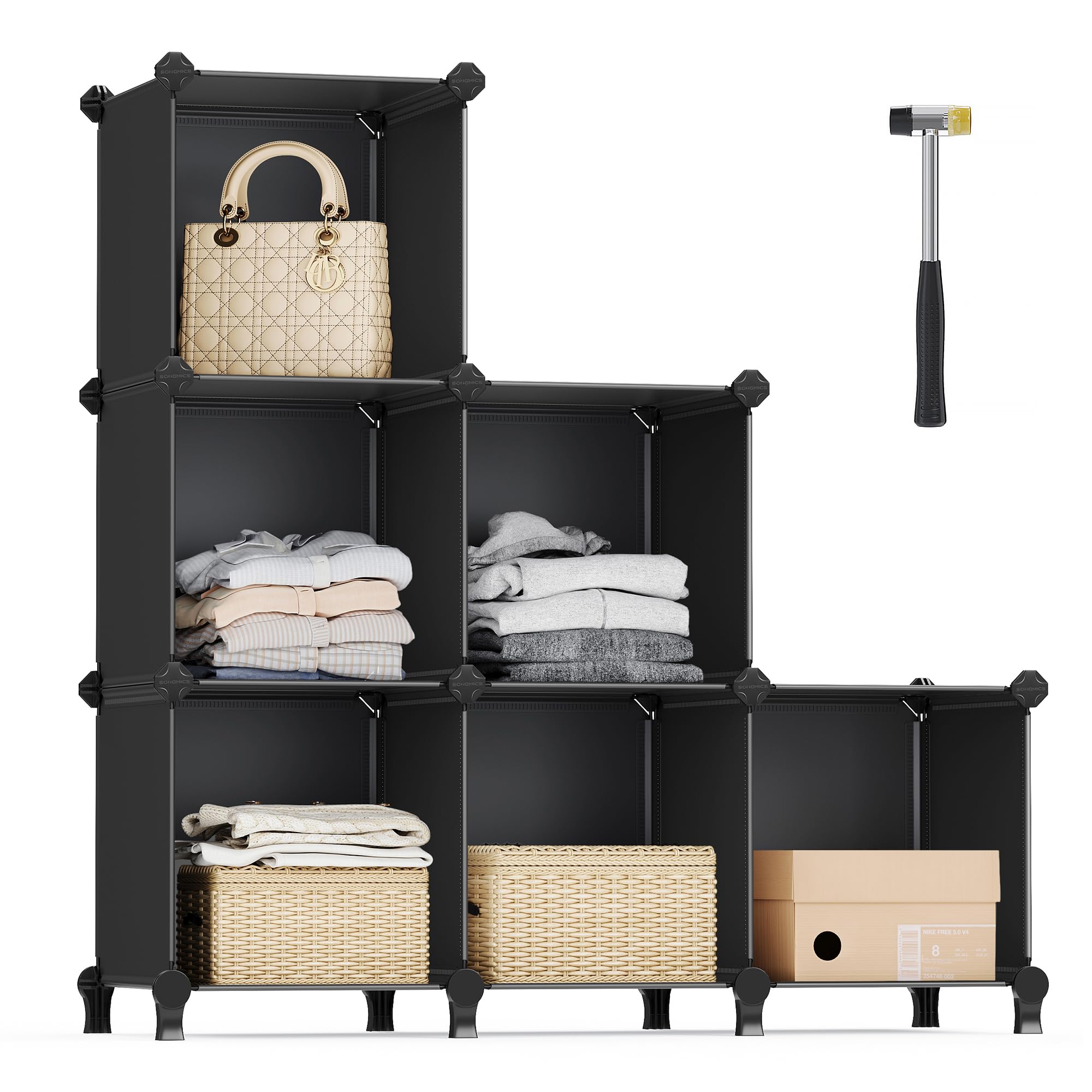 6 Cube Storage Organizer, DIY Closet Shelf, Plastic Clothes Organizer, Modular Bookcase, 11.8 x 11.8 x 11.8 Inch Cubes, with Feet and Rubber Mallet, Black ULPC06H