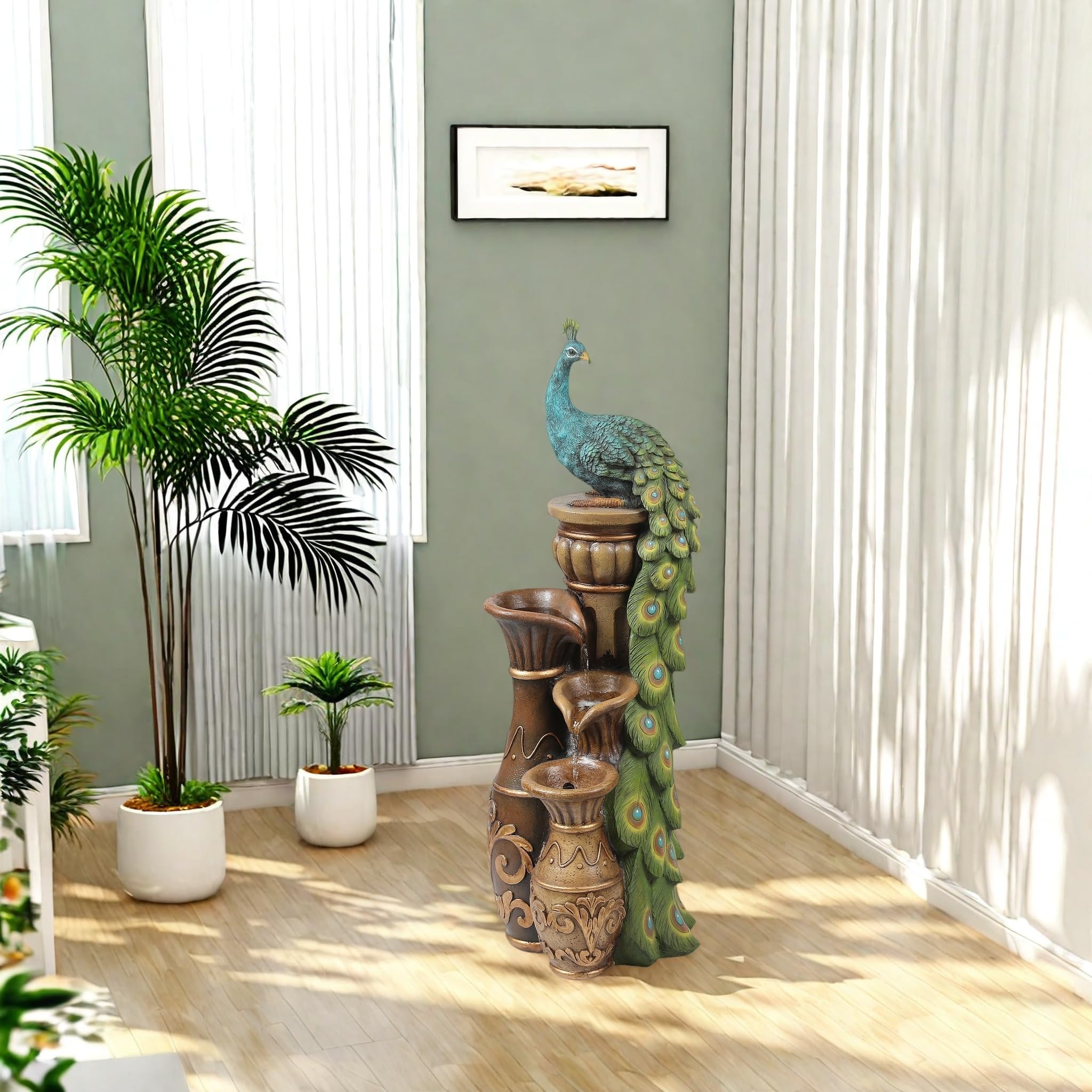 Outdoor Water Fountain, 44 Inch Resin Peacock Water Fountain Outdoor with Urns and LED Light