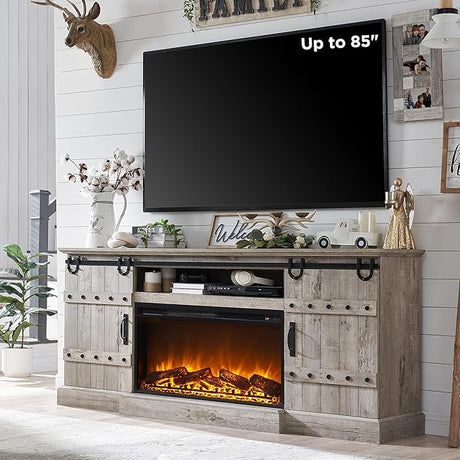 70" Fireplace TV Stand for 75 80 Inch TV, Farmhouse Highboy Entertainment Center